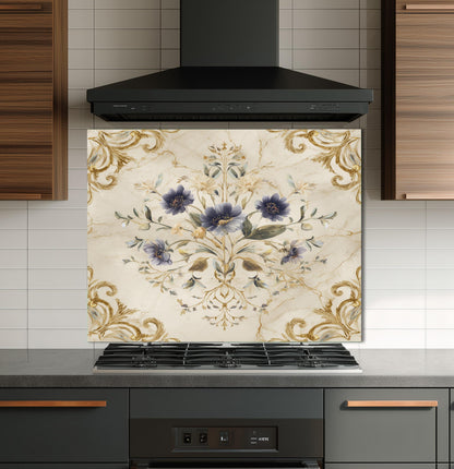 Blue Floral Damask Backsplash, Gold Varak Marble Stove Guard, Custom Size Glass Art