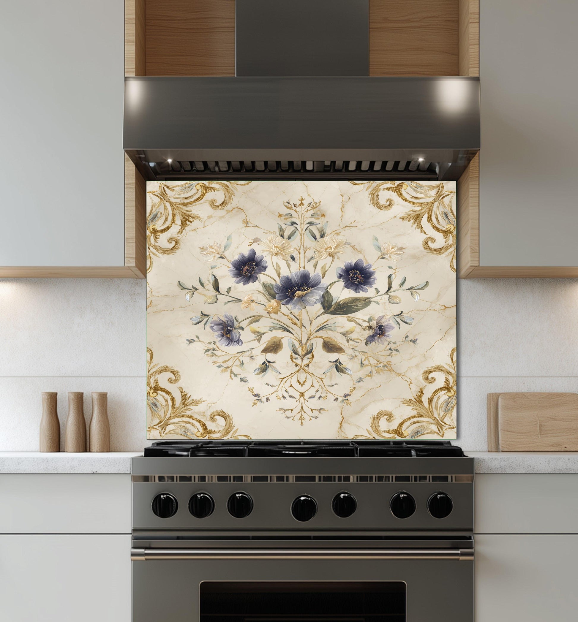 Blue Floral Damask Backsplash, Gold Varak Marble Stove Guard, Custom Size Glass Art