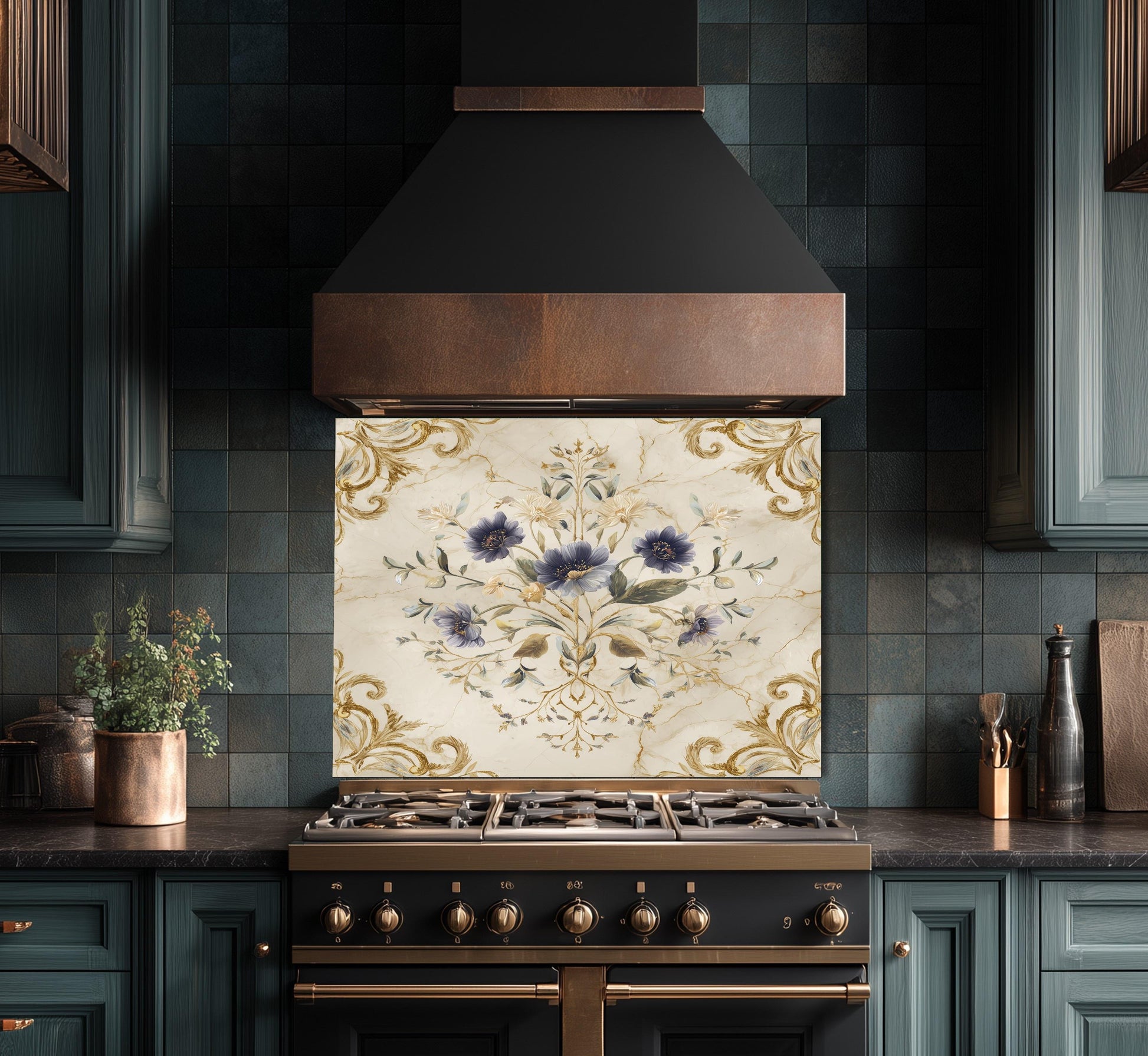 Blue Floral Damask Backsplash, Gold Varak Marble Stove Guard, Custom Size Glass Art
