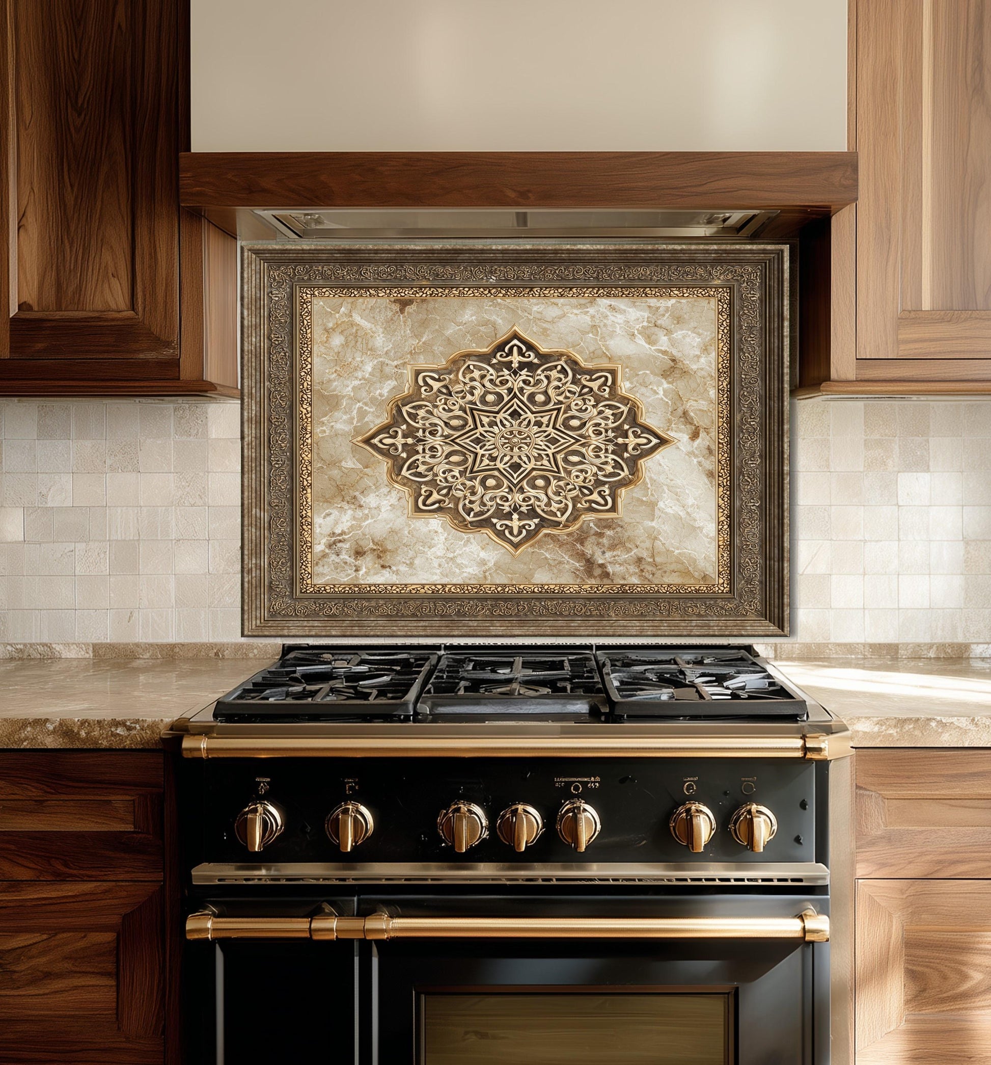 Royal Gold Medallion Backsplash, Brown Marble Stove Guard, Custom Size Glass Art