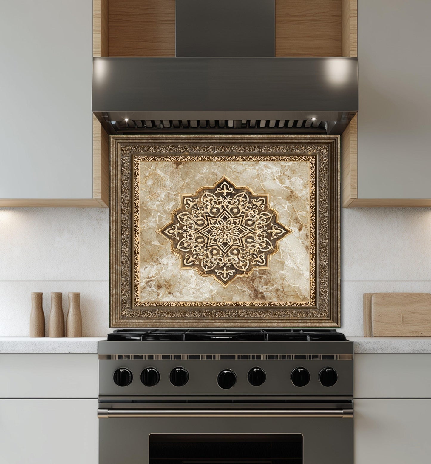 Royal Gold Medallion Backsplash, Brown Marble Stove Guard, Custom Size Glass Art