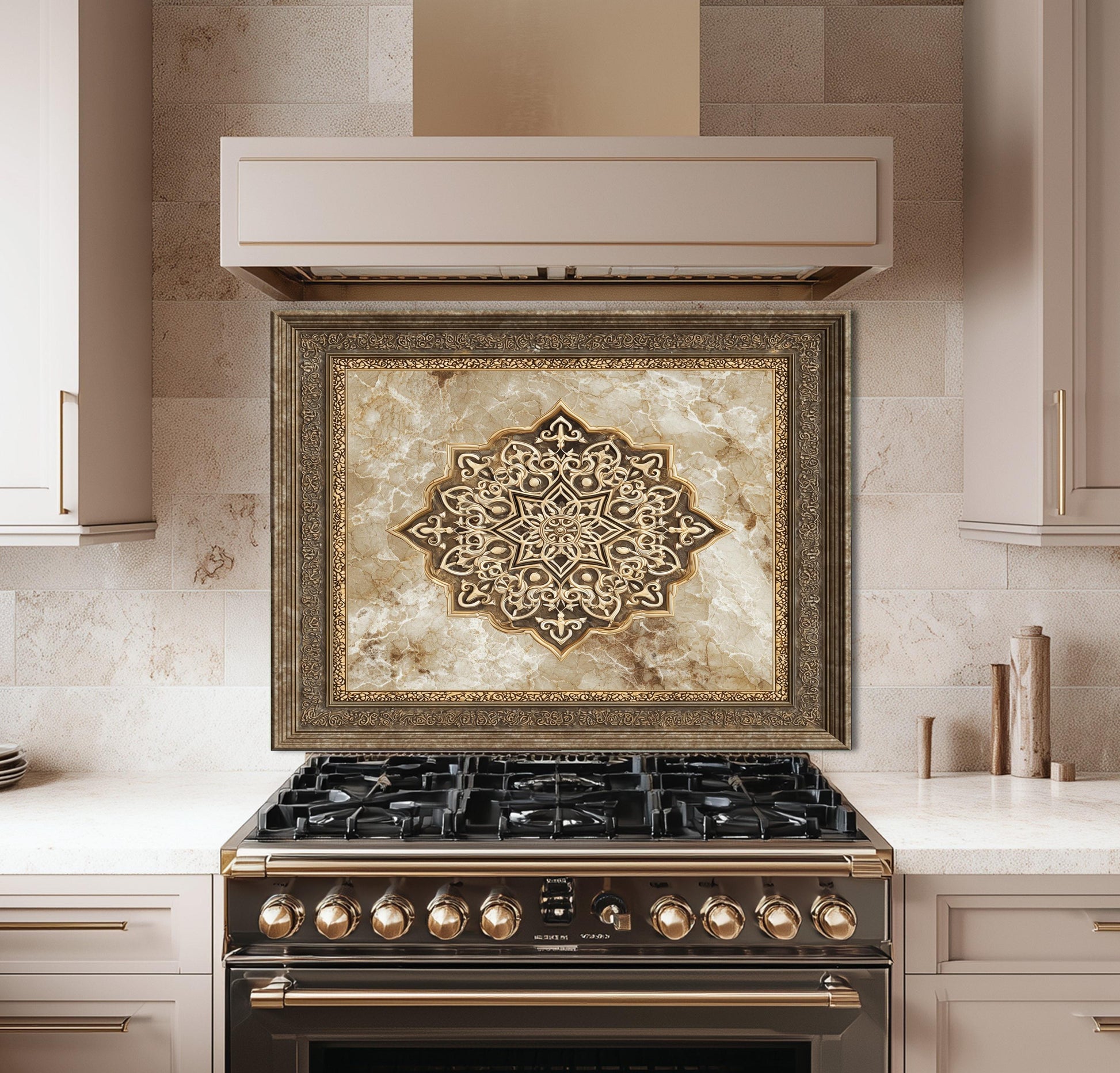 Royal Gold Medallion Backsplash, Brown Marble Stove Guard, Custom Size Glass Art