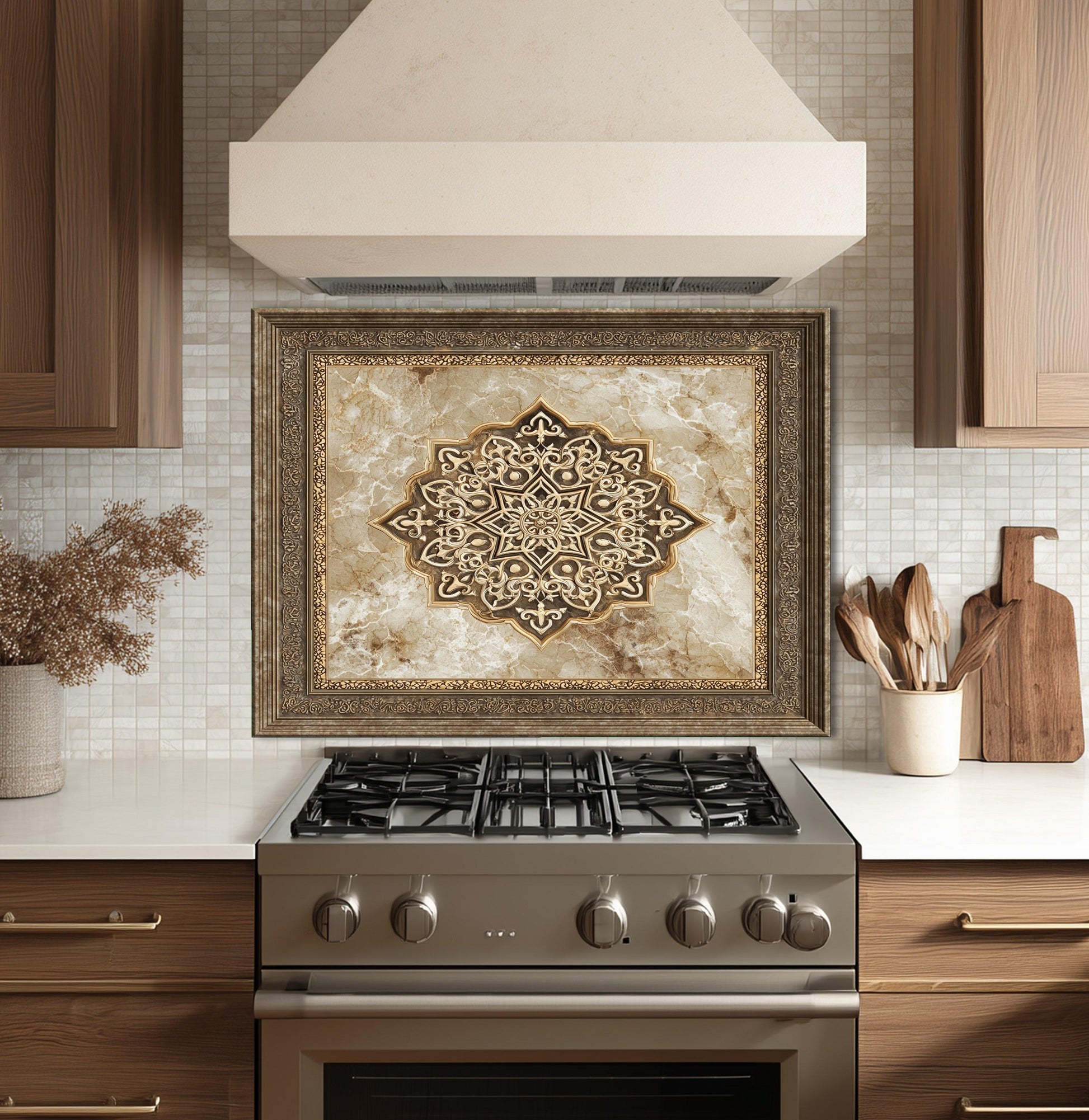 Royal Gold Medallion Backsplash, Brown Marble Stove Guard, Custom Size Glass Art