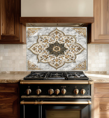 Royal Gold Star Backsplash, White Marble Stove Guard, Custom Size Glass Art