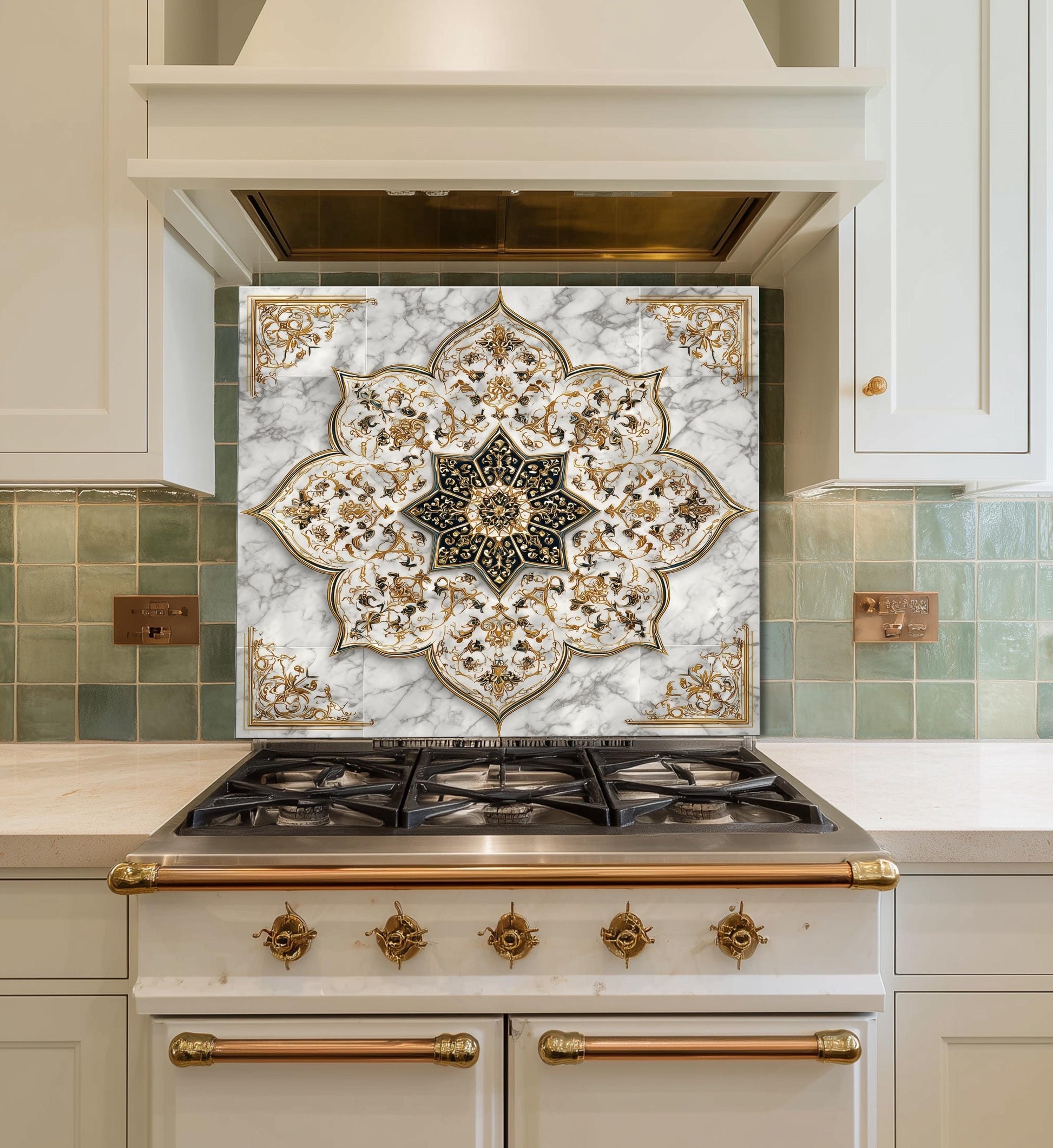 Royal Gold Star Backsplash, White Marble Stove Guard, Custom Size Glass Art