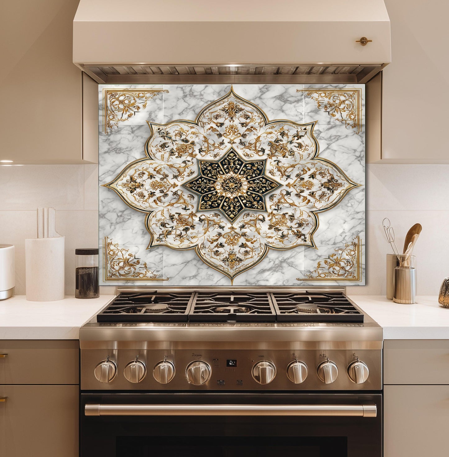 Royal Gold Star Backsplash, White Marble Stove Guard, Custom Size Glass Art