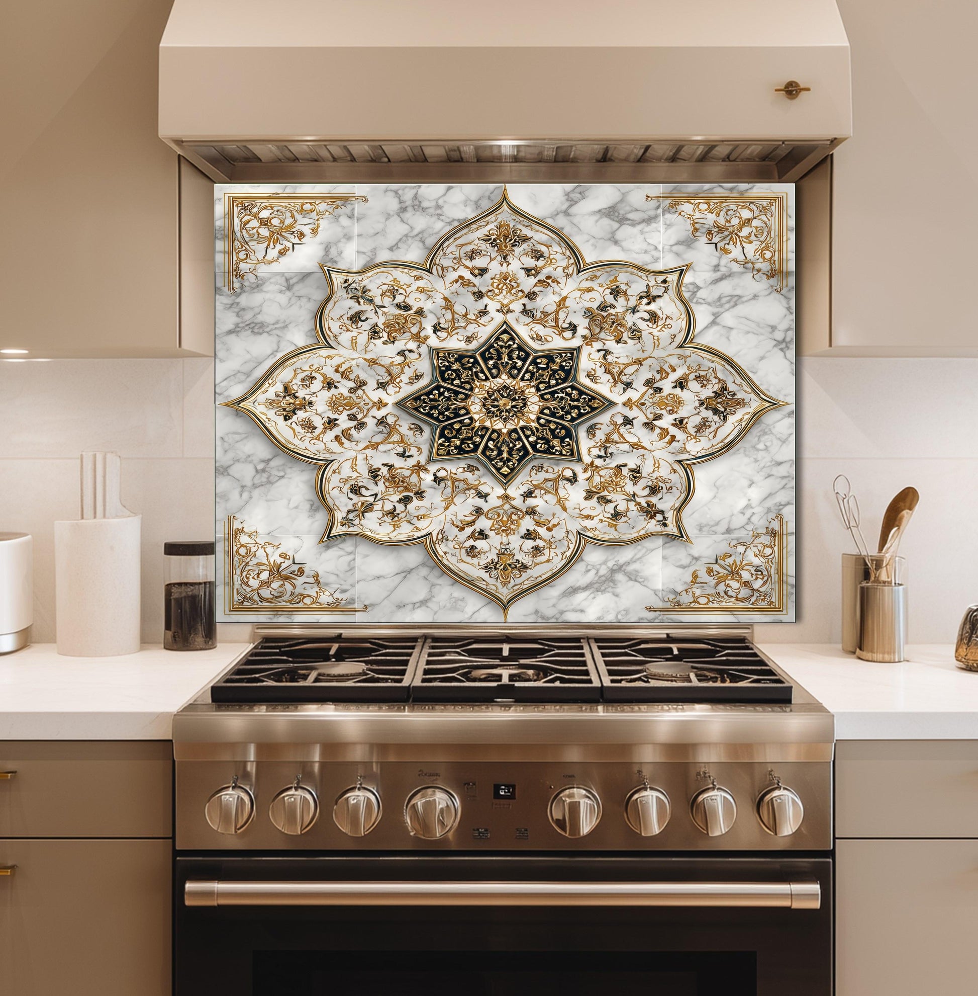 Royal Gold Star Backsplash, White Marble Stove Guard, Custom Size Glass Art