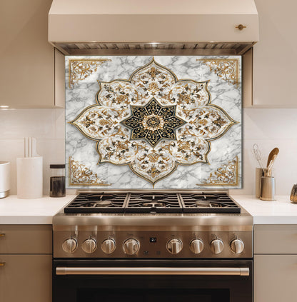Royal Gold Star Backsplash, White Marble Stove Guard, Custom Size Glass Art