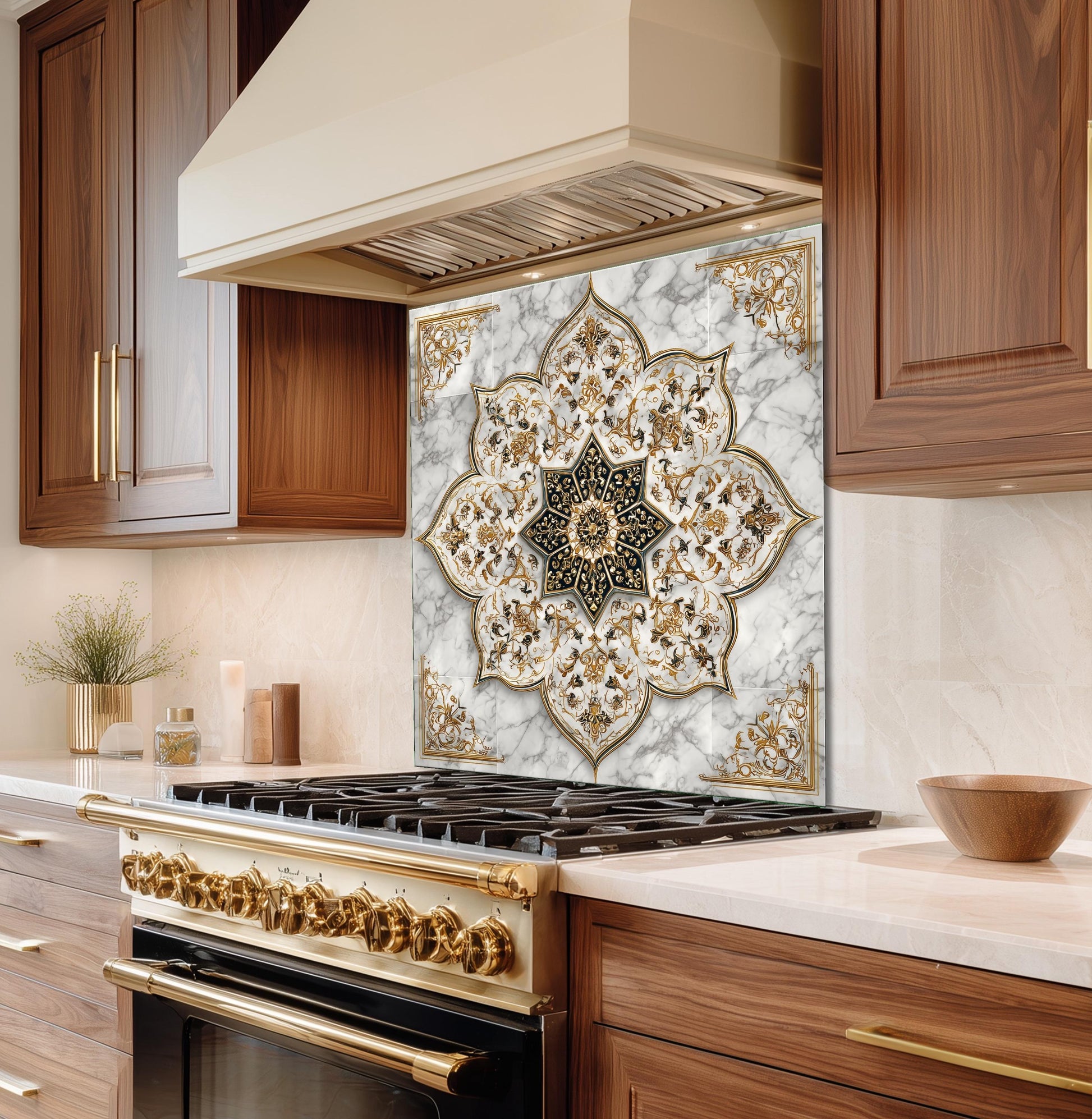 Royal Gold Star Backsplash, White Marble Stove Guard, Custom Size Glass Art