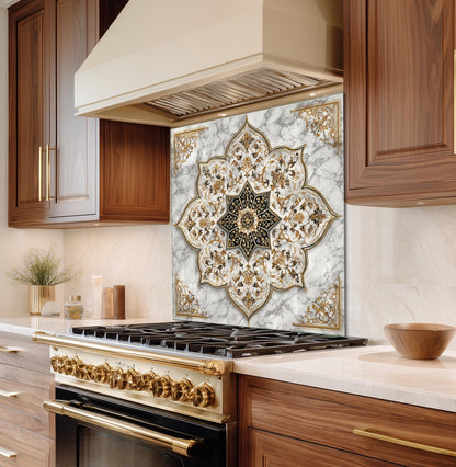 Royal Gold Star Backsplash, White Marble Stove Guard, Custom Size Glass Art