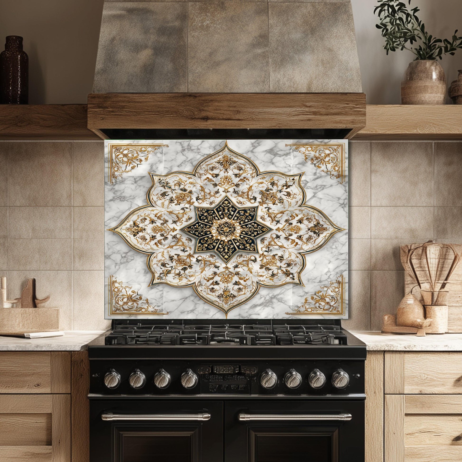 Royal Gold Star Backsplash, White Marble Stove Guard, Custom Size Glass Art