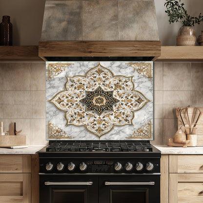 Royal Gold Star Backsplash, White Marble Stove Guard, Custom Size Glass Art