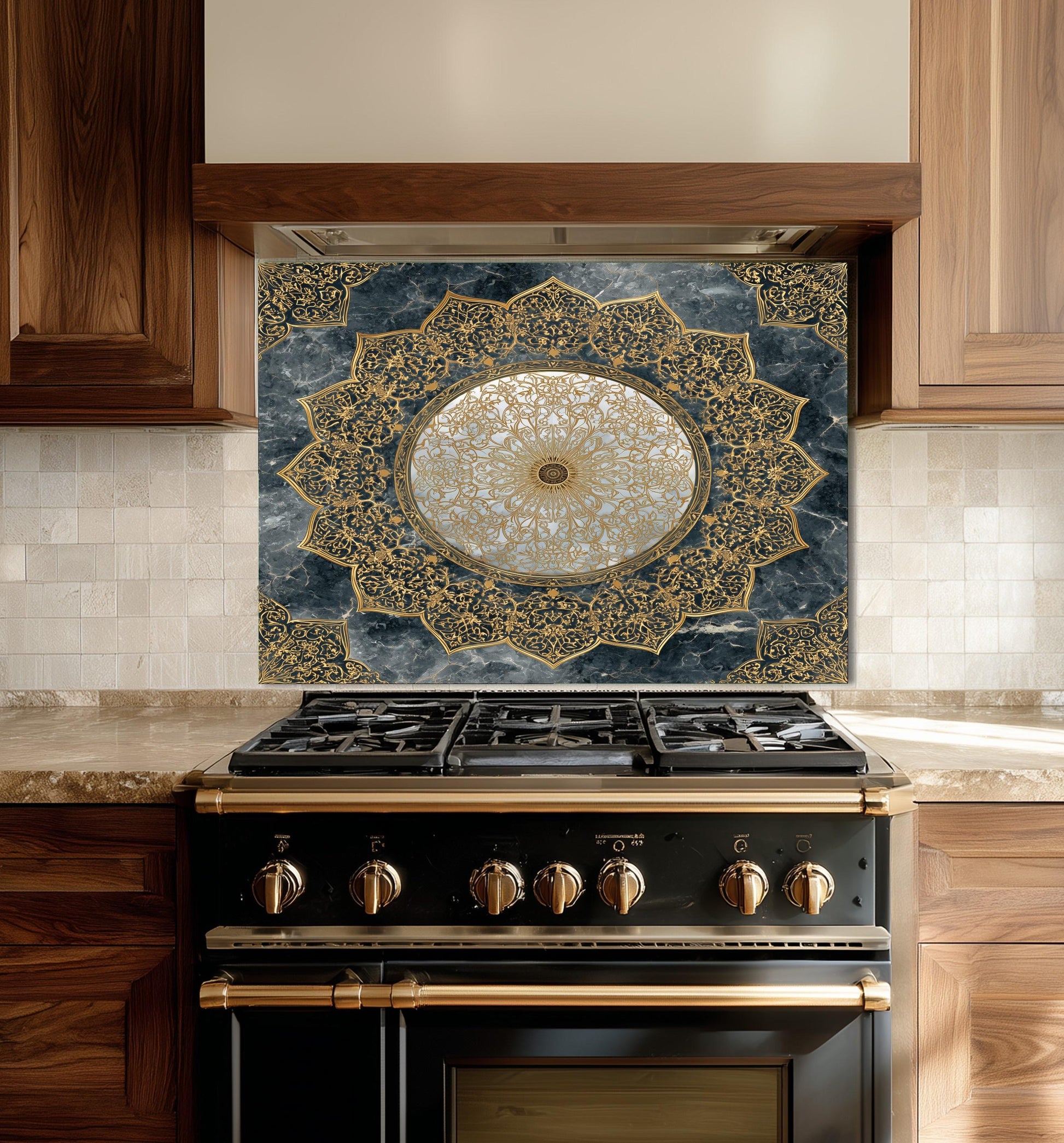 Royal Gold Star Backsplash, White Marble Stove Guard, Custom Size Glass Art