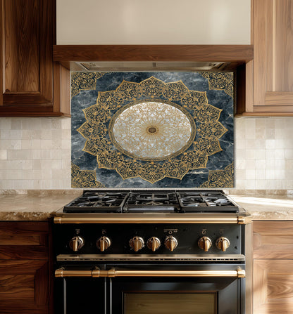 Royal Gold Star Backsplash, White Marble Stove Guard, Custom Size Glass Art