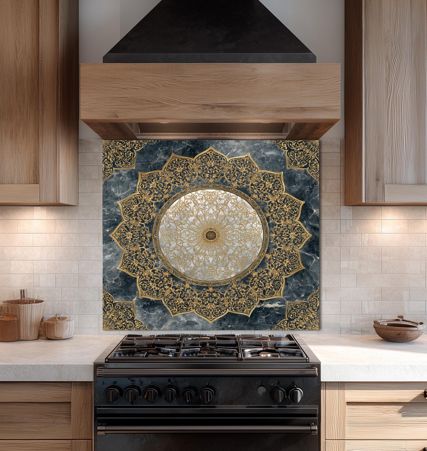 Royal Gold Star Backsplash, White Marble Stove Guard, Custom Size Glass Art