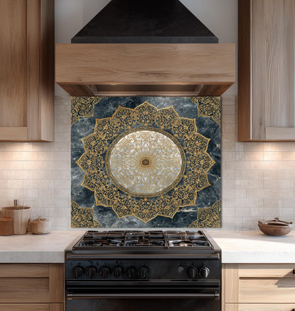Royal Gold Star Backsplash, White Marble Stove Guard, Custom Size Glass Art