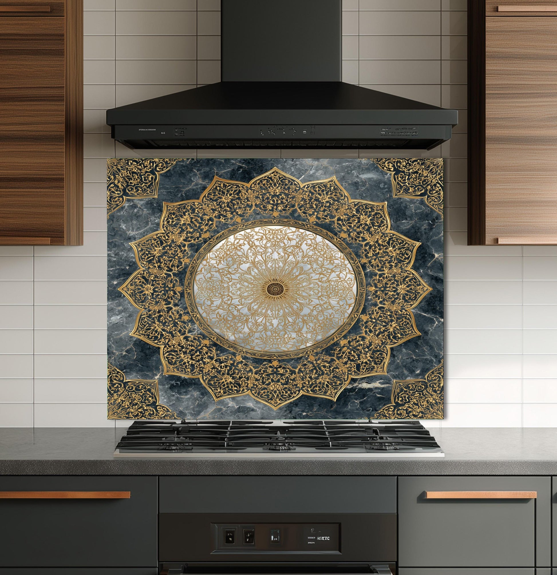 Royal Gold Star Backsplash, White Marble Stove Guard, Custom Size Glass Art