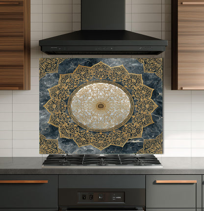 Royal Gold Star Backsplash, White Marble Stove Guard, Custom Size Glass Art