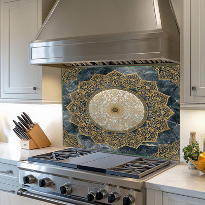 Royal Gold Star Backsplash, White Marble Stove Guard, Custom Size Glass Art