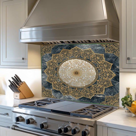 Royal Gold Star Backsplash, White Marble Stove Guard, Custom Size Glass Art