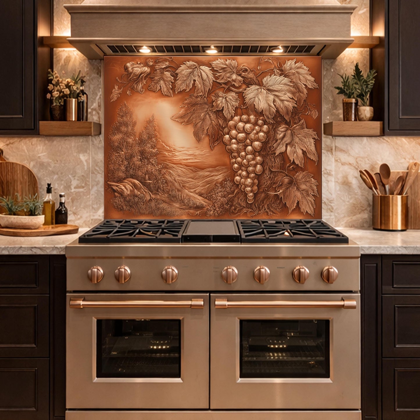 Vineyard Harvest Tempered Glass Backsplash, Copper Look Grapes and Vines Wall Panel, Custom Size