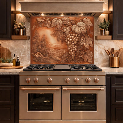 Vineyard Harvest Tempered Glass Backsplash, Copper Look Grapes and Vines Wall Panel, Custom Size