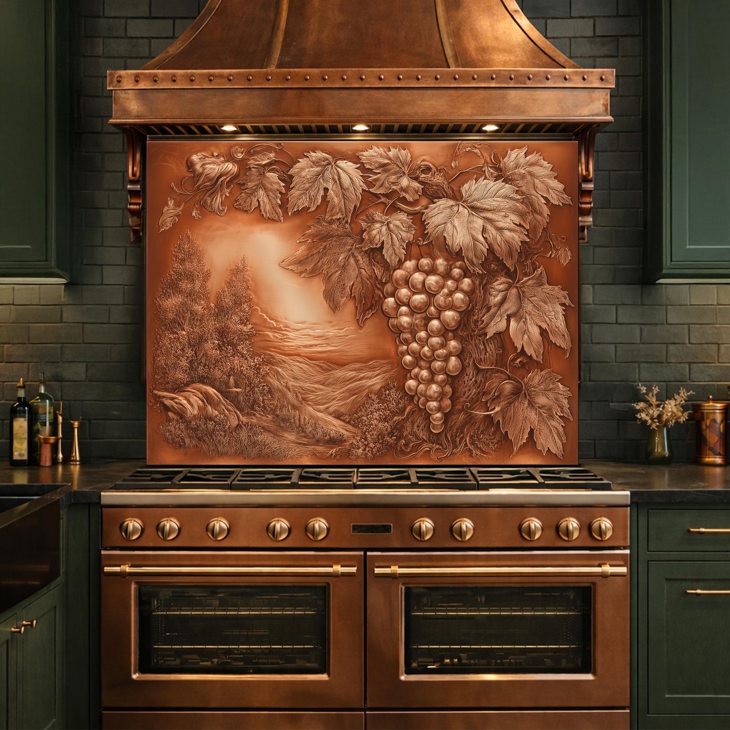 Vineyard Harvest Tempered Glass Backsplash, Copper Look Grapes and Vines Wall Panel, Custom Size