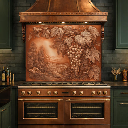 Vineyard Harvest Tempered Glass Backsplash, Copper Look Grapes and Vines Wall Panel, Custom Size