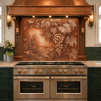 Vineyard Harvest Tempered Glass Backsplash, Copper Look Grapes and Vines Wall Panel, Custom Size