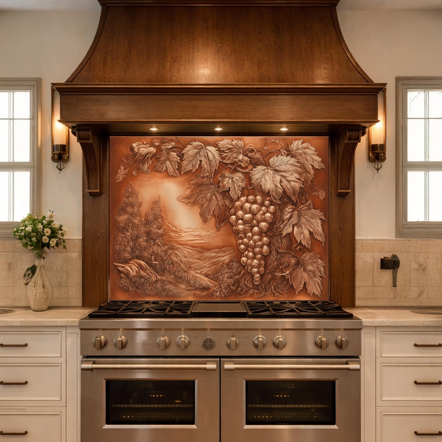 Vineyard Harvest Tempered Glass Backsplash, Copper Look Grapes and Vines Wall Panel, Custom Size