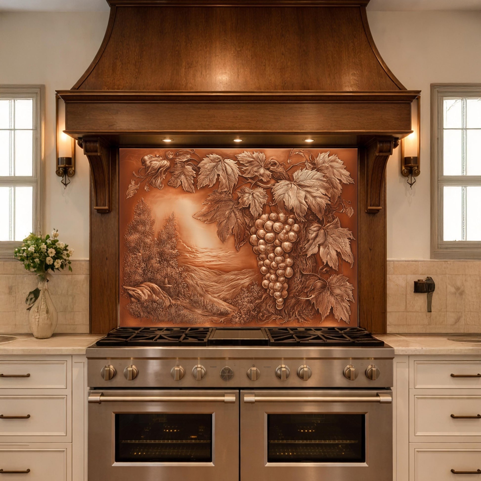 Vineyard Harvest Tempered Glass Backsplash, Copper Look Grapes and Vines Wall Panel, Custom Size