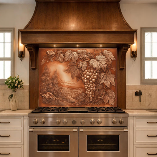 Vineyard Harvest Tempered Glass Backsplash, Copper Look Grapes and Vines Wall Panel, Custom Size