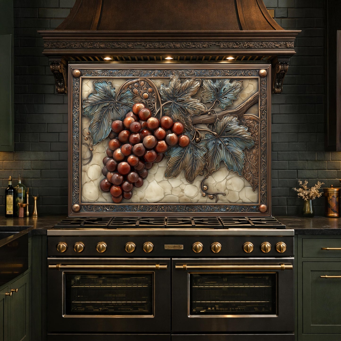 Vineyard Harvest Tempered Glass Backsplash, Copper Look Grapes and Vines Wall Panel, Custom Size