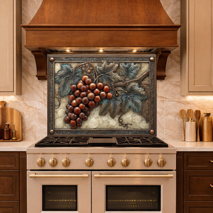 Vineyard Harvest Tempered Glass Backsplash, Copper Look Grapes and Vines Wall Panel, Custom Size