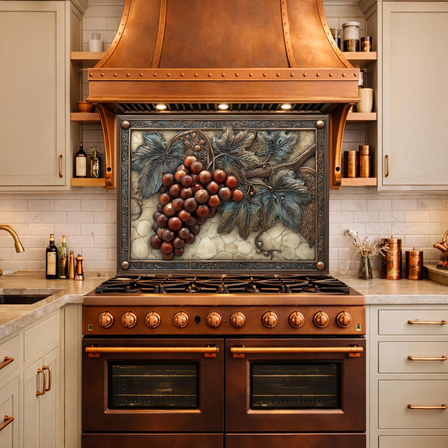 Vineyard Harvest Tempered Glass Backsplash, Copper Look Grapes and Vines Wall Panel, Custom Size