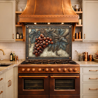 Vineyard Harvest Tempered Glass Backsplash, Copper Look Grapes and Vines Wall Panel, Custom Size
