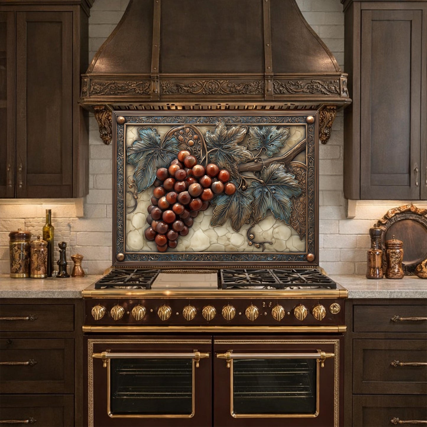 Vineyard Harvest Tempered Glass Backsplash, Copper Look Grapes and Vines Wall Panel, Custom Size