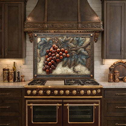Vineyard Harvest Tempered Glass Backsplash, Copper Look Grapes and Vines Wall Panel, Custom Size
