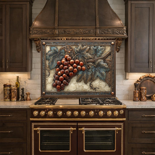 Vineyard Harvest Tempered Glass Backsplash, Copper Look Grapes and Vines Wall Panel, Custom Size