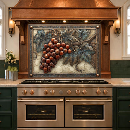 Vineyard Harvest Tempered Glass Backsplash, Copper Look Grapes and Vines Wall Panel, Custom Size