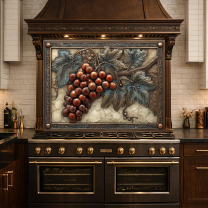 Vineyard Harvest Tempered Glass Backsplash, Copper Look Grapes and Vines Wall Panel, Custom Size