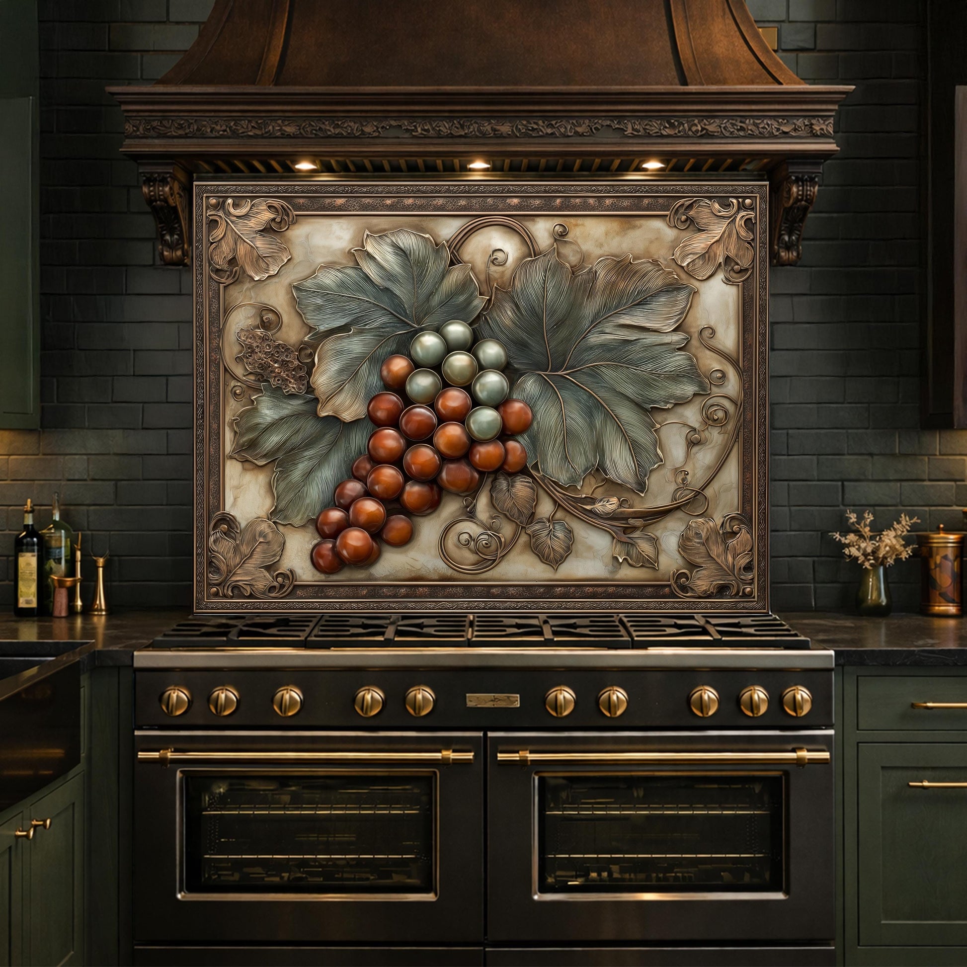 Vineyard Harvest Tempered Glass Backsplash, Copper Look Grapes and Leaves Wall Panel, Custom Size