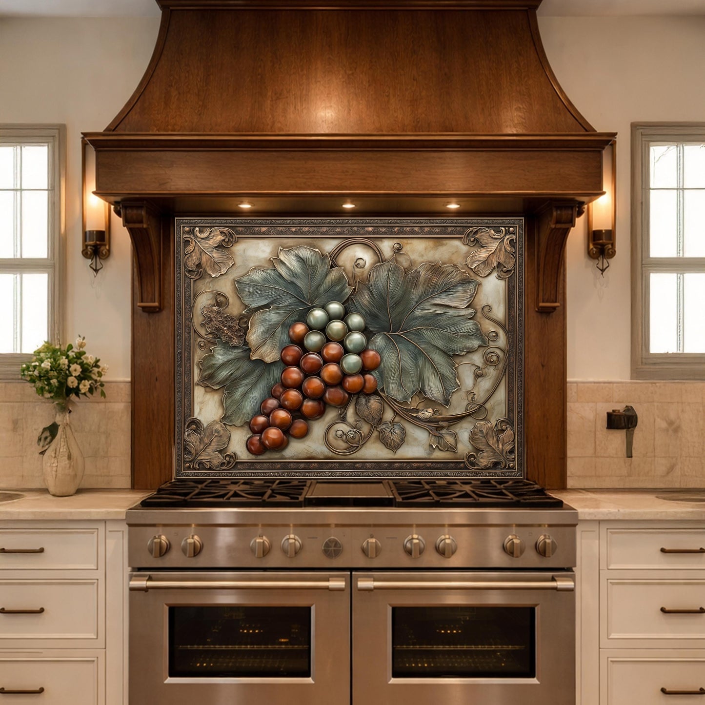 Vineyard Harvest Tempered Glass Backsplash, Copper Look Grapes and Leaves Wall Panel, Custom Size