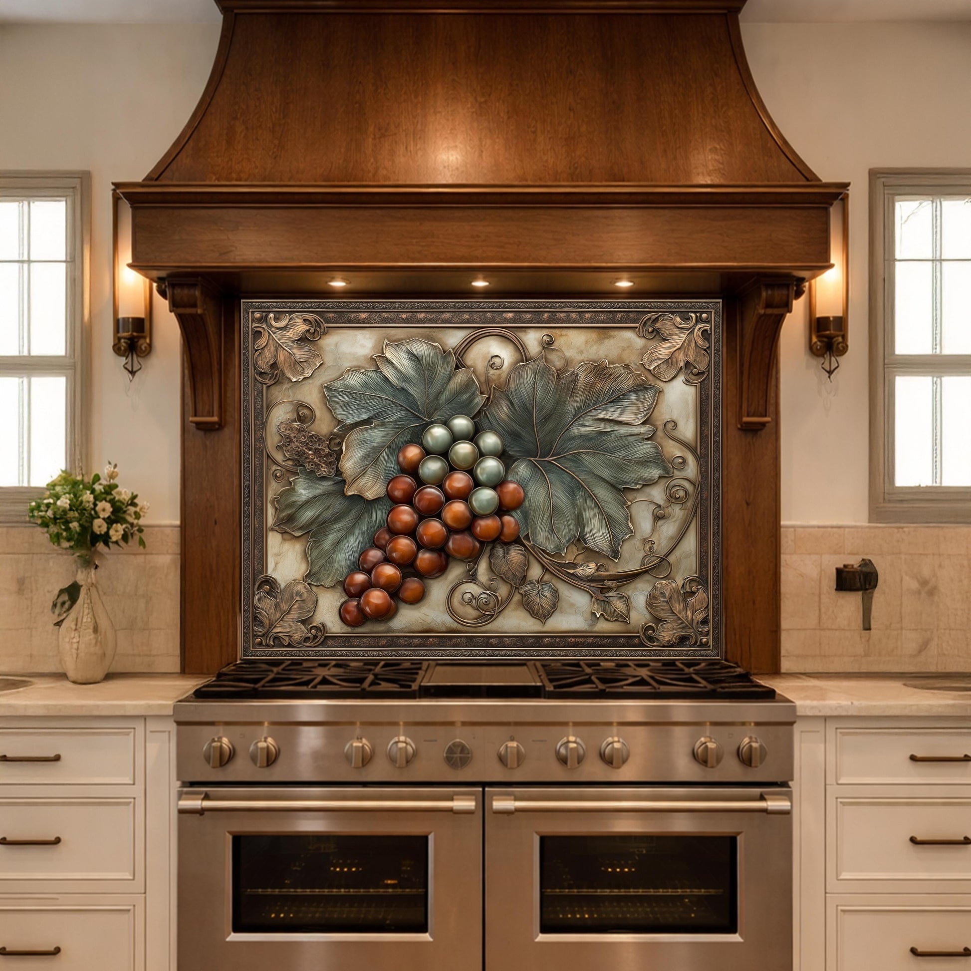 Vineyard Harvest Tempered Glass Backsplash, Copper Look Grapes and Leaves Wall Panel, Custom Size