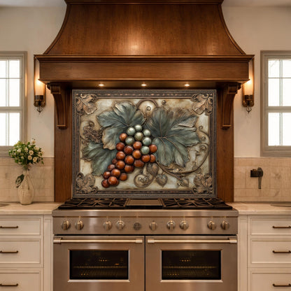 Vineyard Harvest Tempered Glass Backsplash, Copper Look Grapes and Leaves Wall Panel, Custom Size