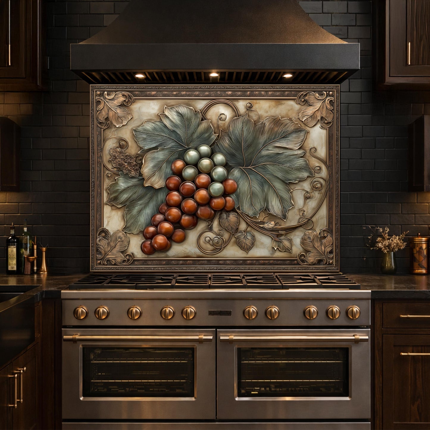 Vineyard Harvest Tempered Glass Backsplash, Copper Look Grapes and Leaves Wall Panel, Custom Size