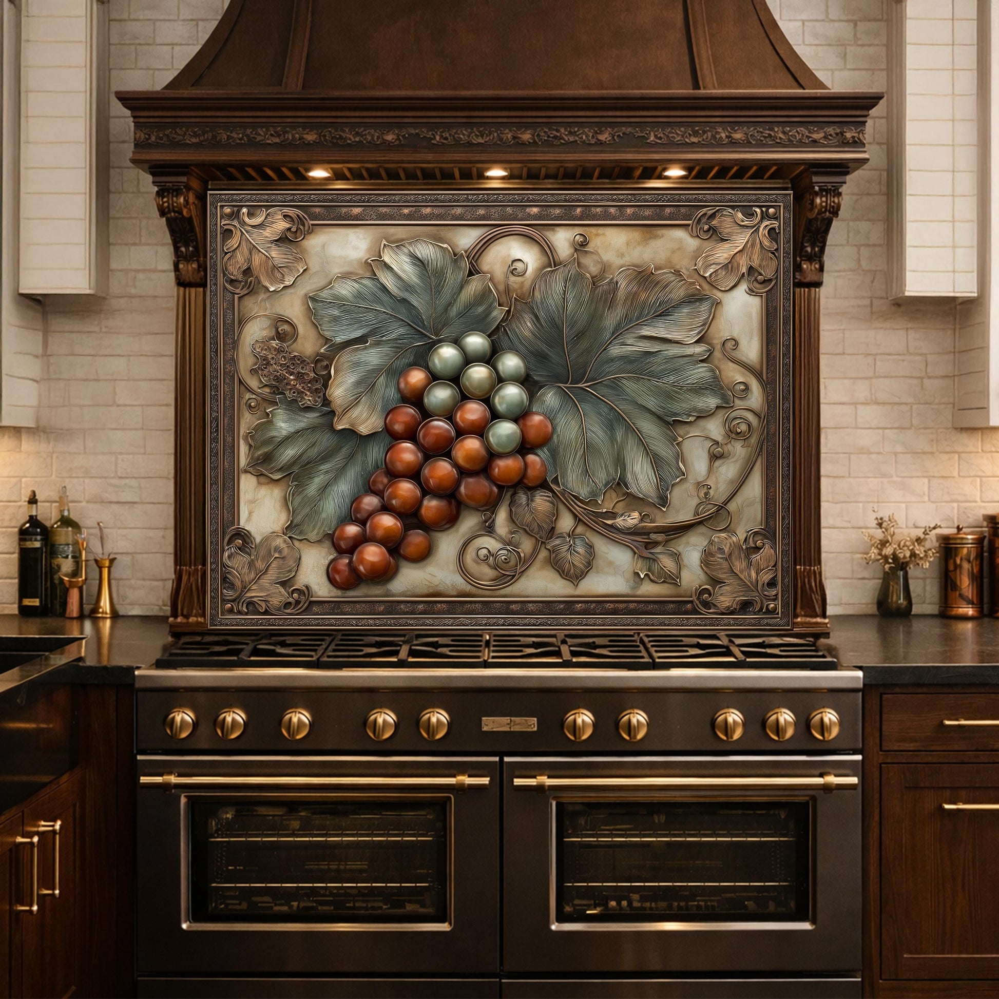 Vineyard Harvest Tempered Glass Backsplash, Copper Look Grapes and Leaves Wall Panel, Custom Size