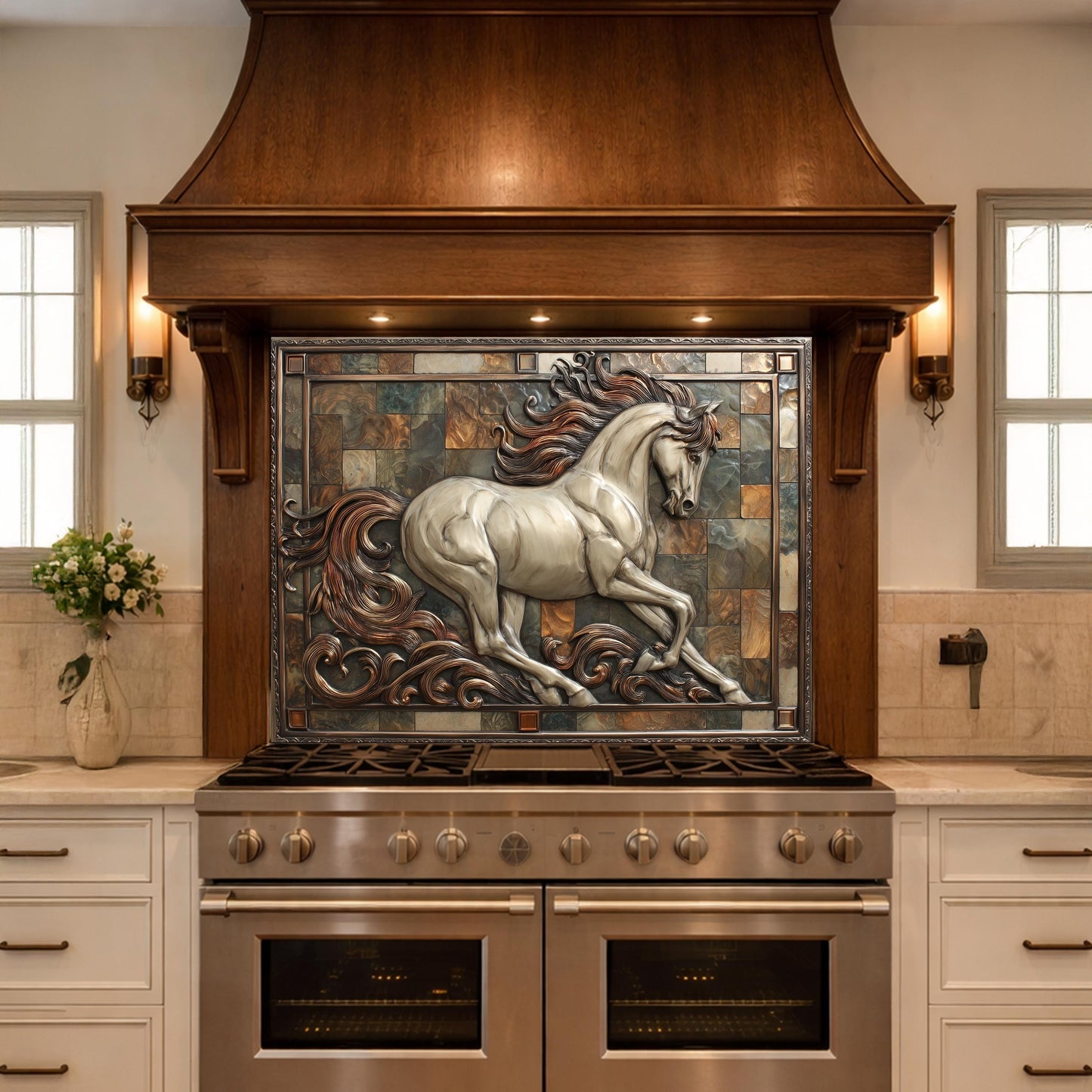 Majestic Stallion Tempered Glass Backsplash, Copper Look Galloping Horse Wall Panel, Custom Size