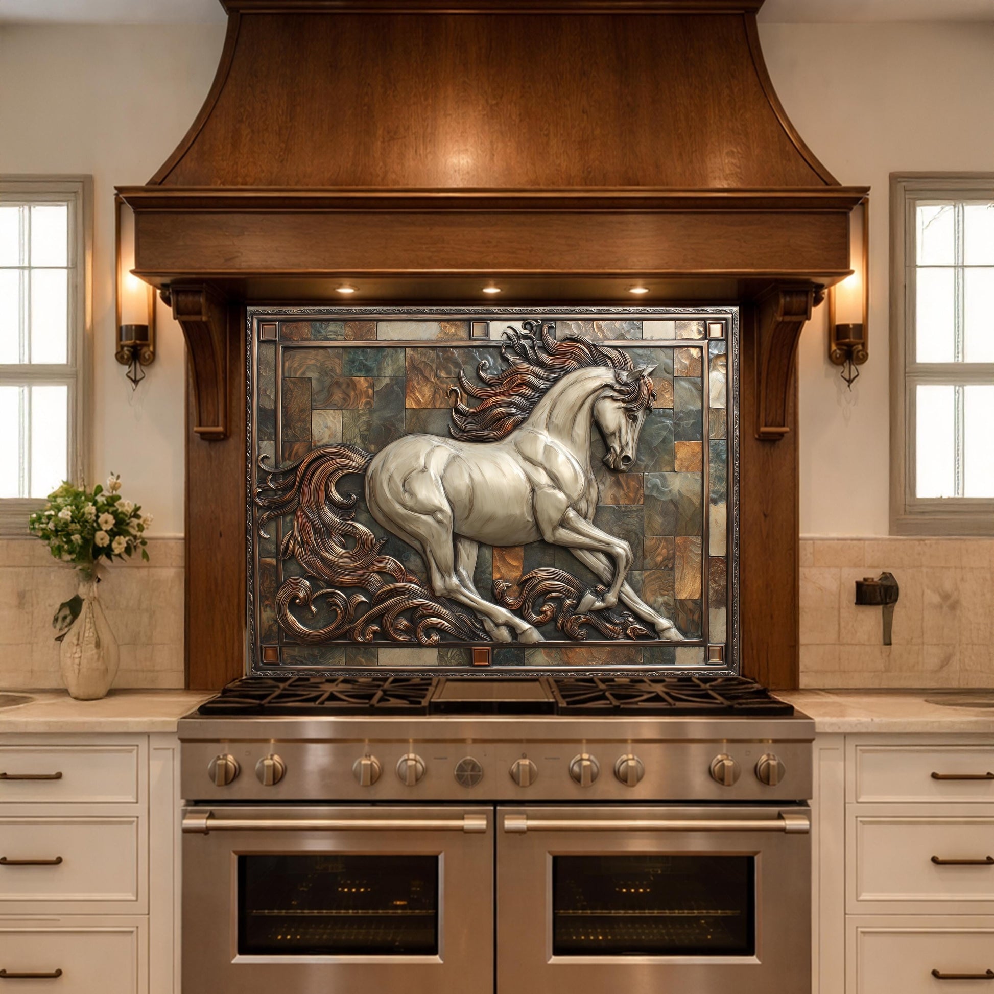 Majestic Stallion Tempered Glass Backsplash, Copper Look Galloping Horse Wall Panel, Custom Size
