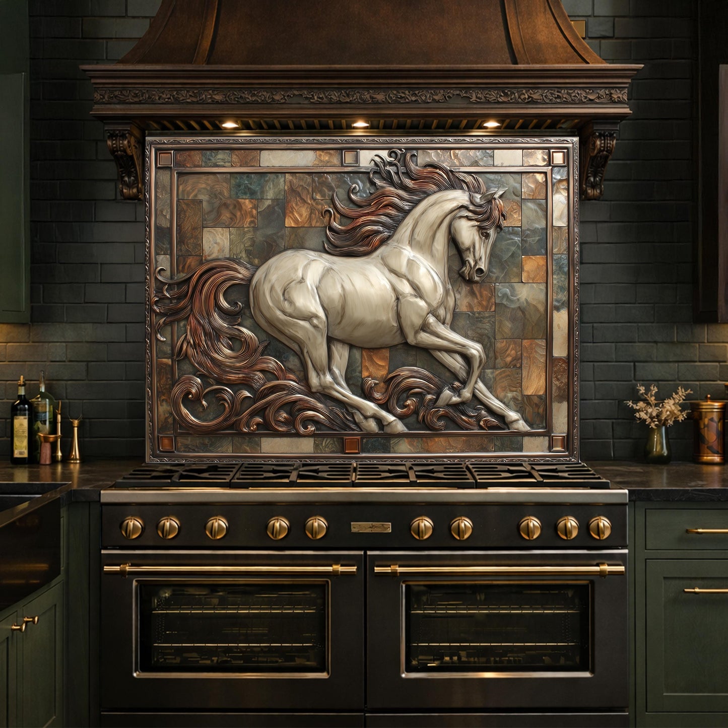 Majestic Stallion Tempered Glass Backsplash, Copper Look Galloping Horse Wall Panel, Custom Size